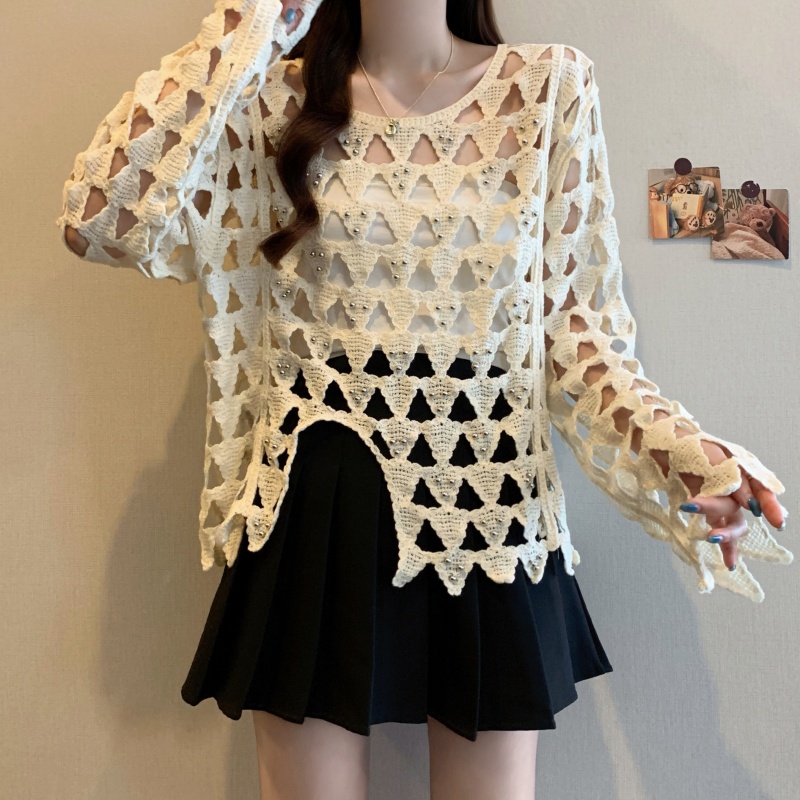 Long sleeve large yard autumn smock pearl short crochet tops