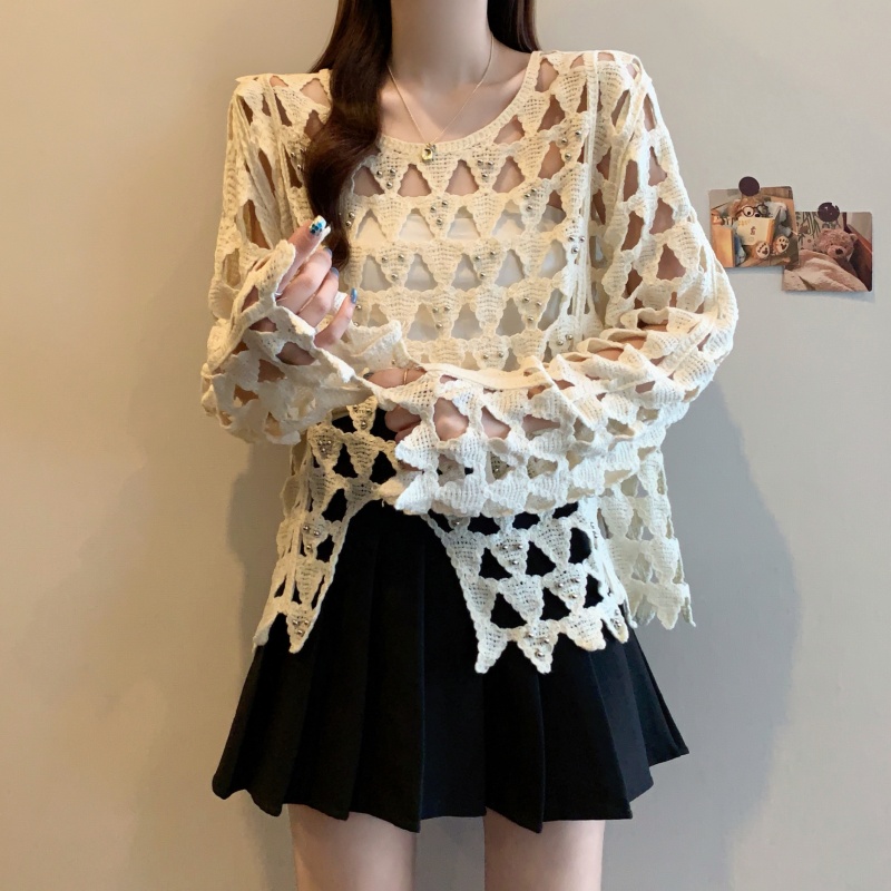 Long sleeve large yard autumn smock pearl short crochet tops