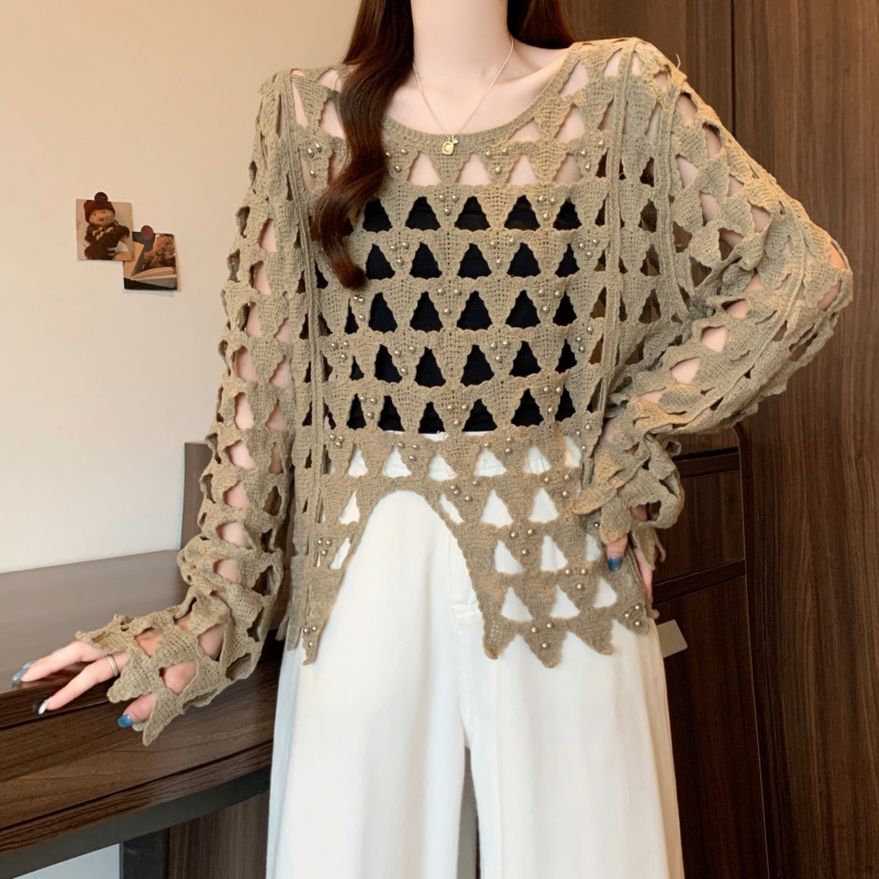 Long sleeve large yard autumn smock pearl short crochet tops