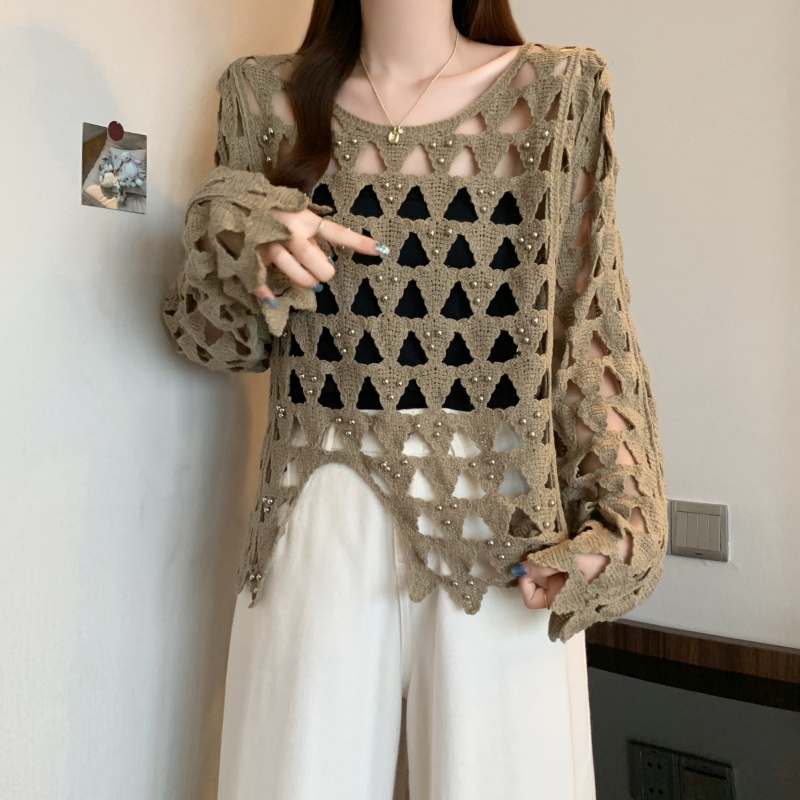 Long sleeve large yard autumn smock pearl short crochet tops