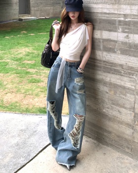Straight slim short jeans sling holes loose vest for women
