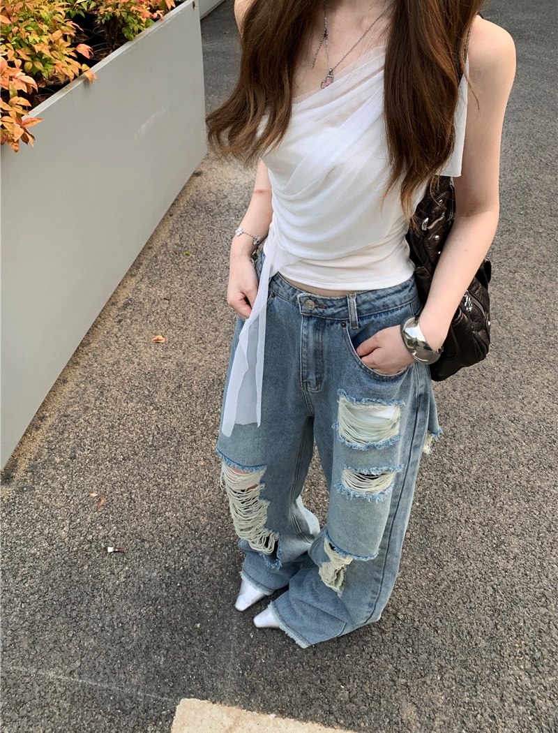 Straight slim short jeans sling holes loose vest for women