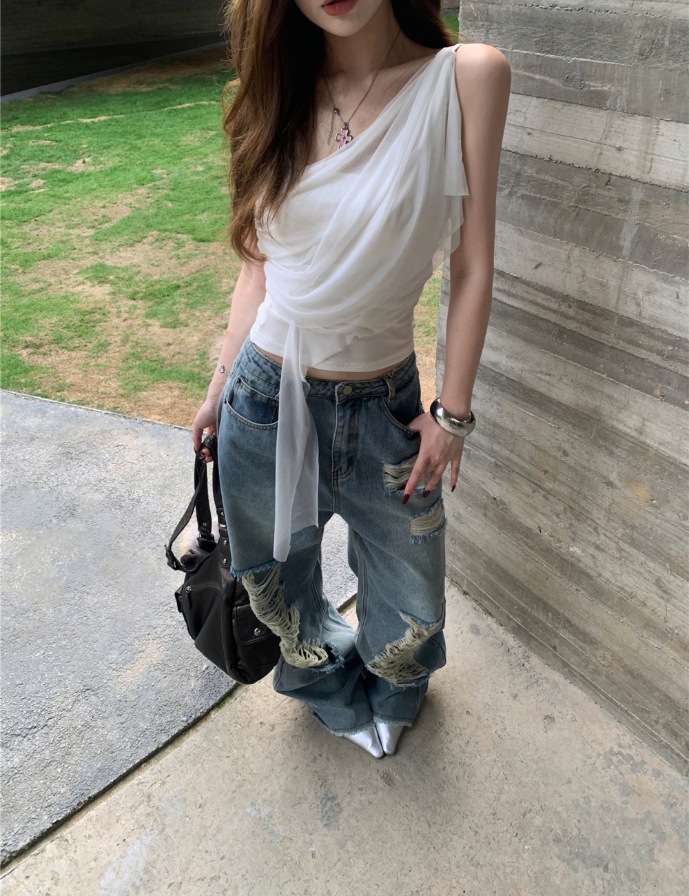 Straight slim short jeans sling holes loose vest for women