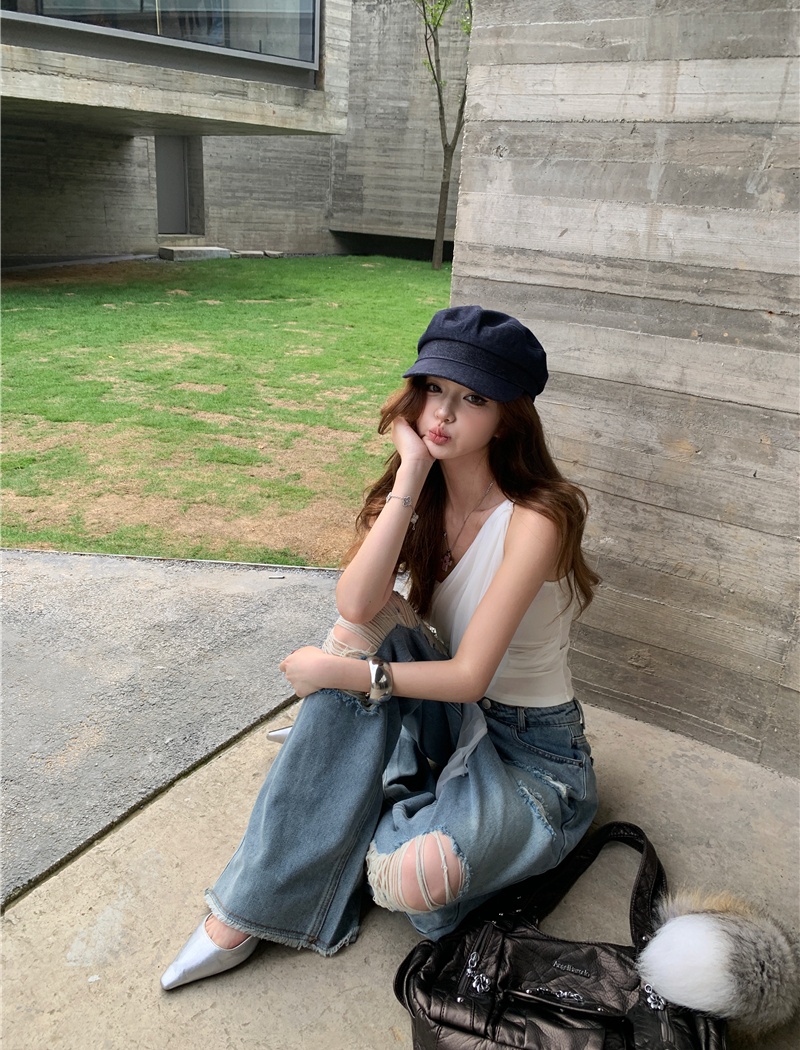Straight slim short jeans sling holes loose vest for women