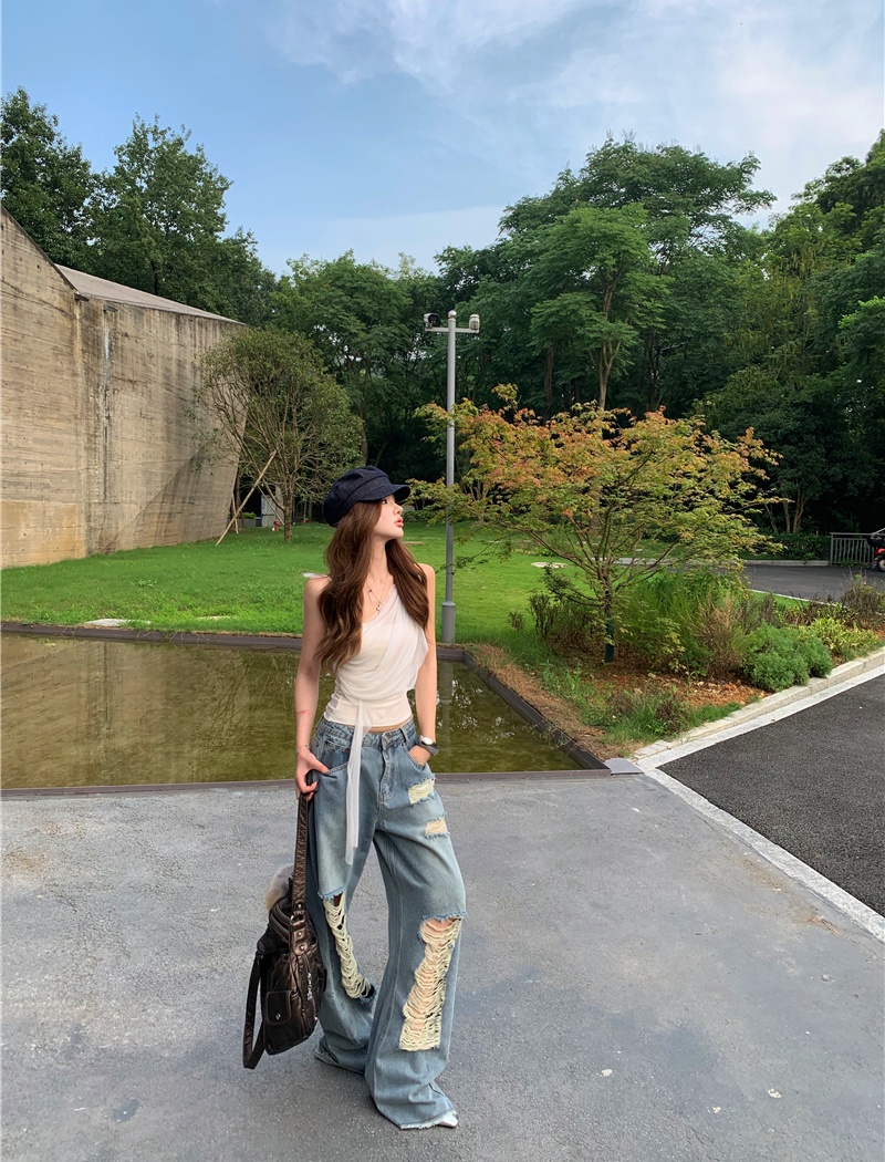 Straight slim short jeans sling holes loose vest for women