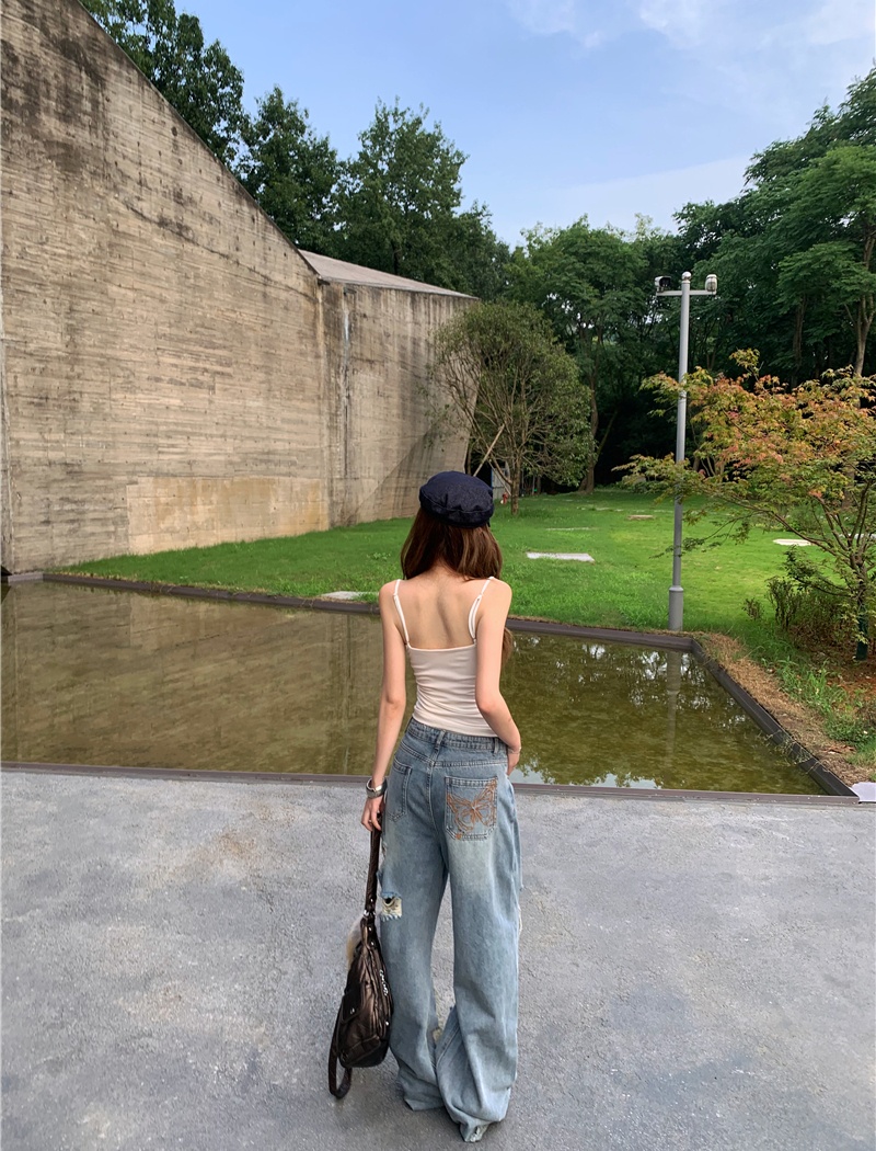 Straight slim short jeans sling holes loose vest for women