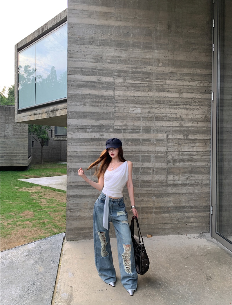 Straight slim short jeans sling holes loose vest for women