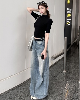 Short wide leg jeans slim half high collar tops for women