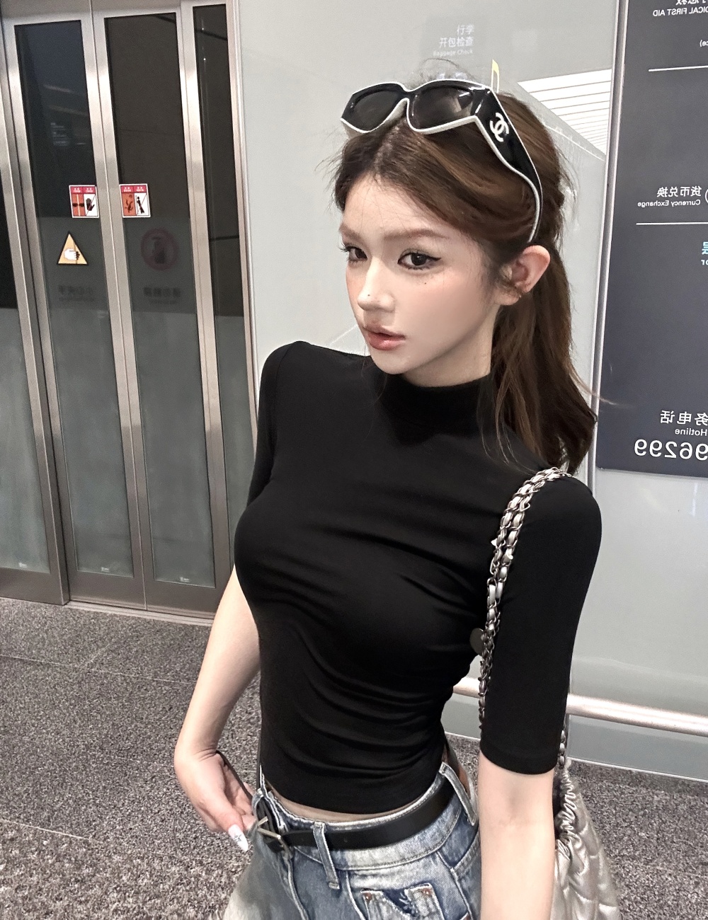 Short wide leg jeans slim half high collar tops for women