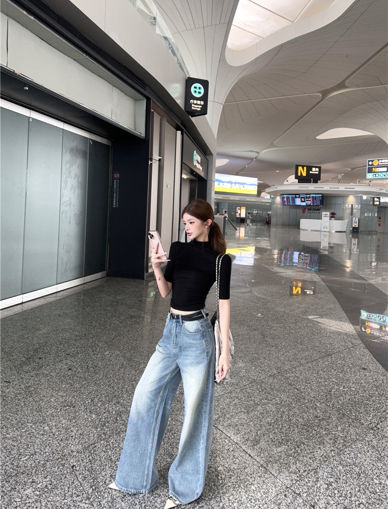 Short wide leg jeans slim half high collar tops for women