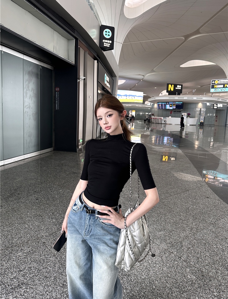 Short wide leg jeans slim half high collar tops for women