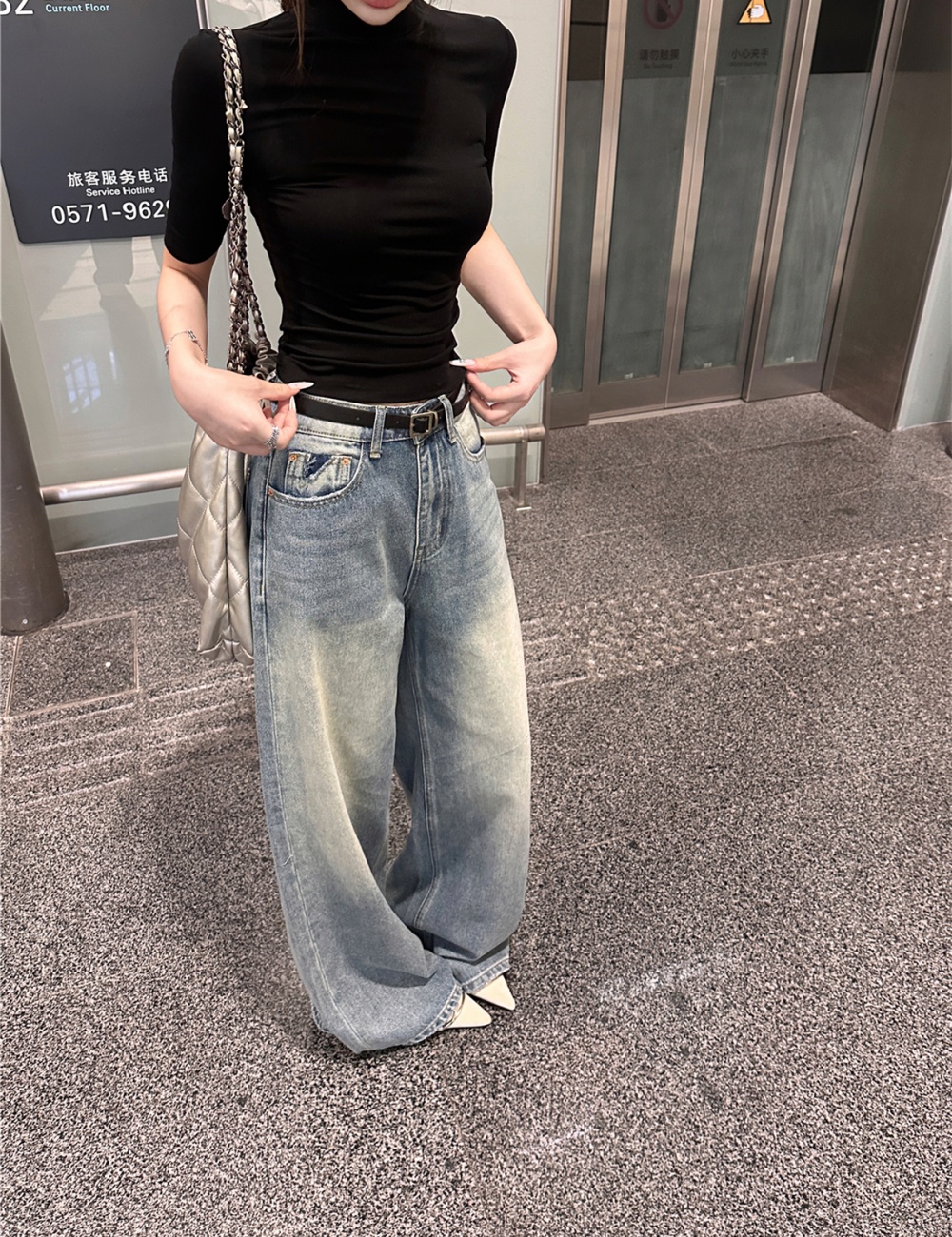 Short wide leg jeans slim half high collar tops for women