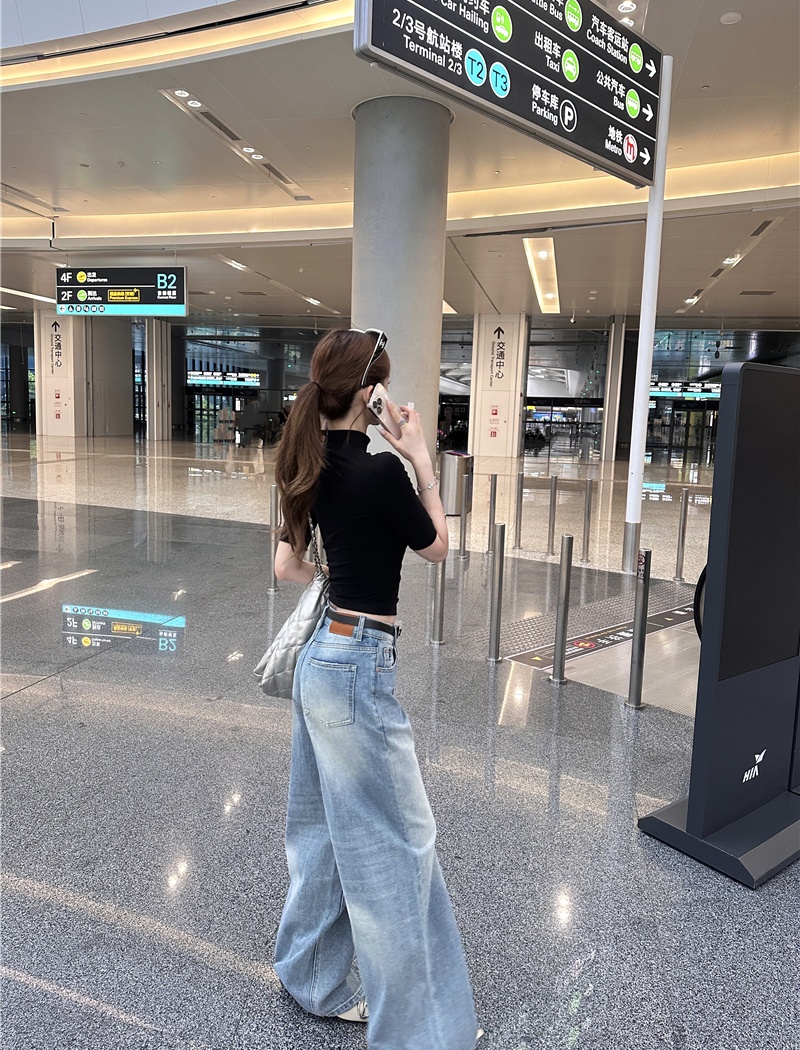 Short wide leg jeans slim half high collar tops for women