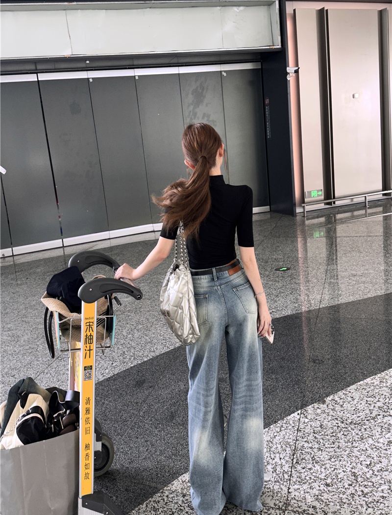Short wide leg jeans slim half high collar tops for women