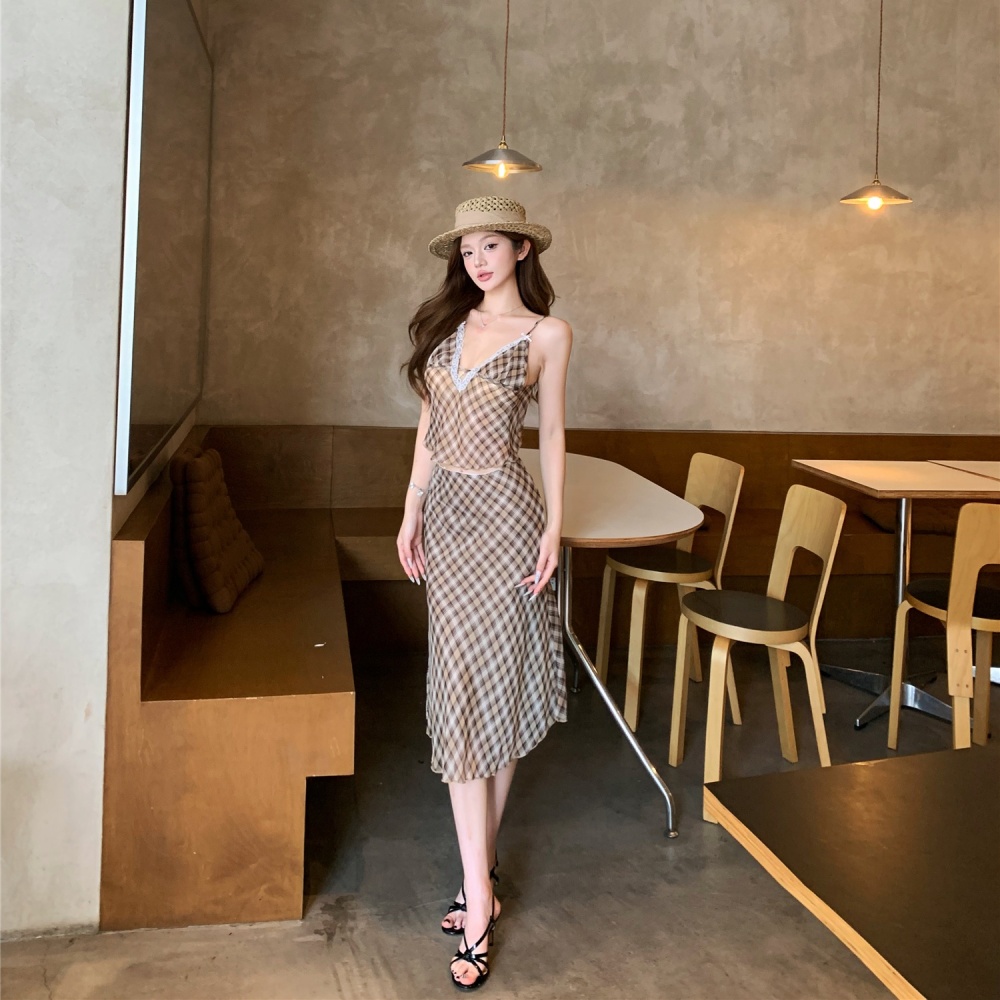 Summer thin short skirt V-neck retro tops a set for women