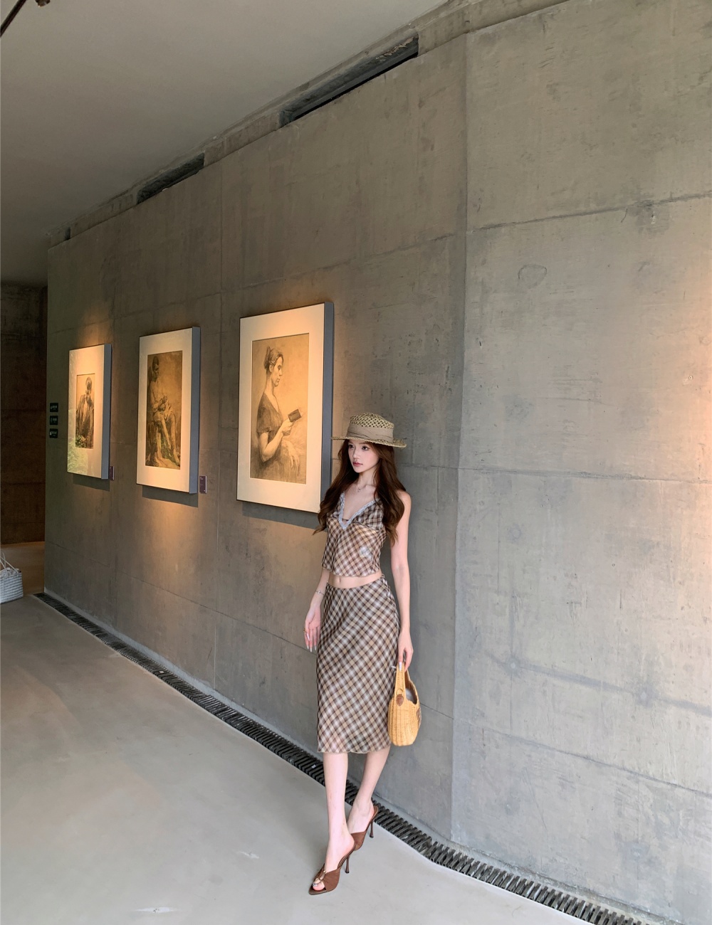 Summer thin short skirt V-neck retro tops a set for women