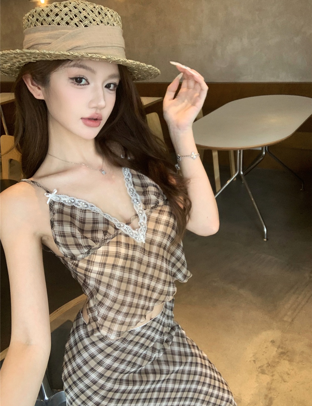 Summer thin short skirt V-neck retro tops a set for women