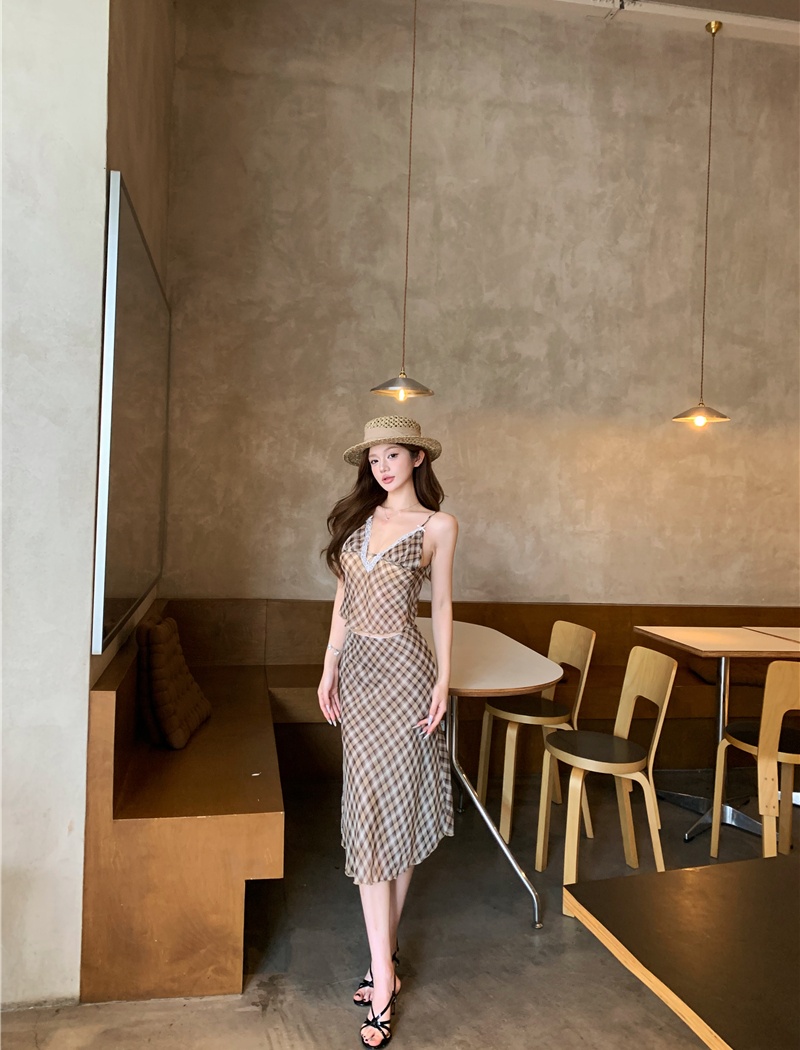 Summer thin short skirt V-neck retro tops a set for women