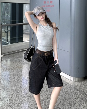 Knitted retro loose vest straight short tops a set for women