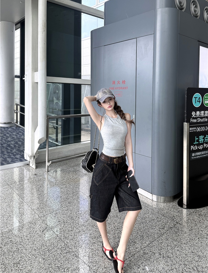 Knitted retro loose vest straight short tops a set for women