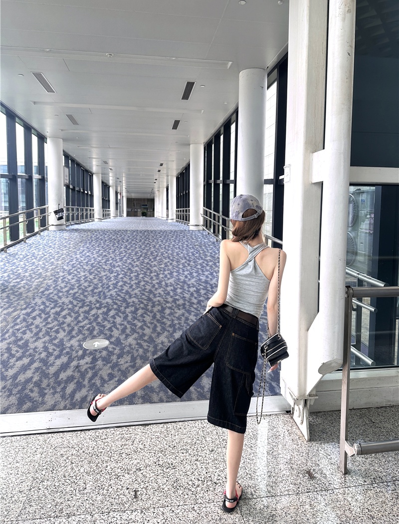 Knitted retro loose vest straight short tops a set for women
