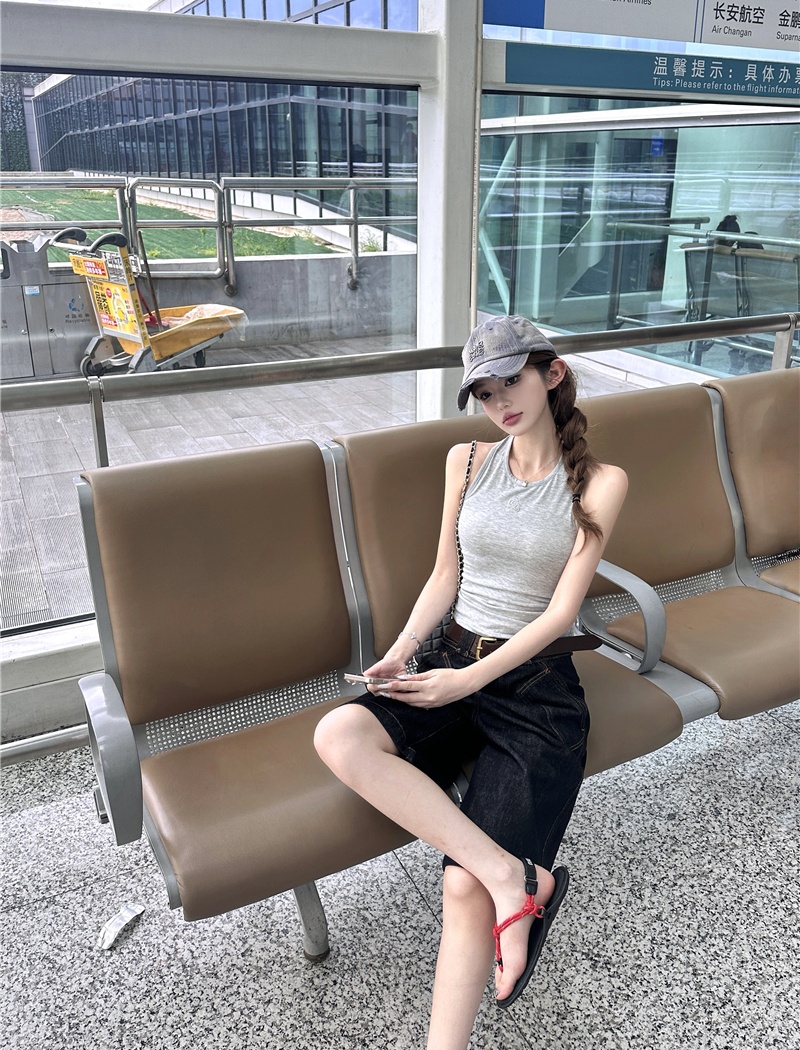 Knitted retro loose vest straight short tops a set for women