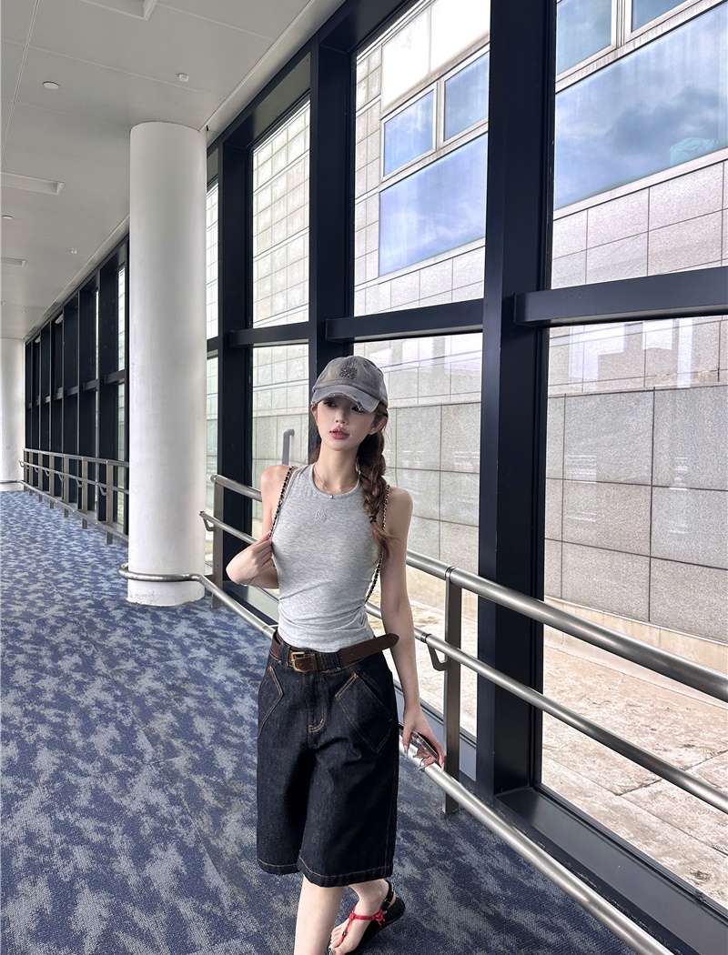Knitted retro loose vest straight short tops a set for women