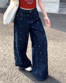 Flowers colors wide leg pants loose jeans for women