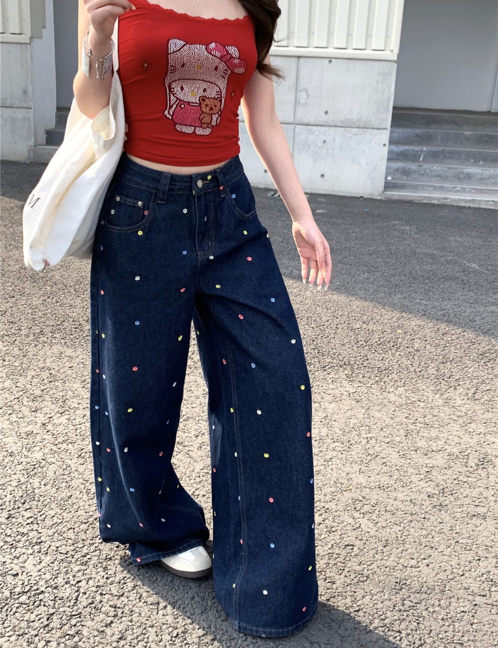 Flowers colors wide leg pants loose jeans for women