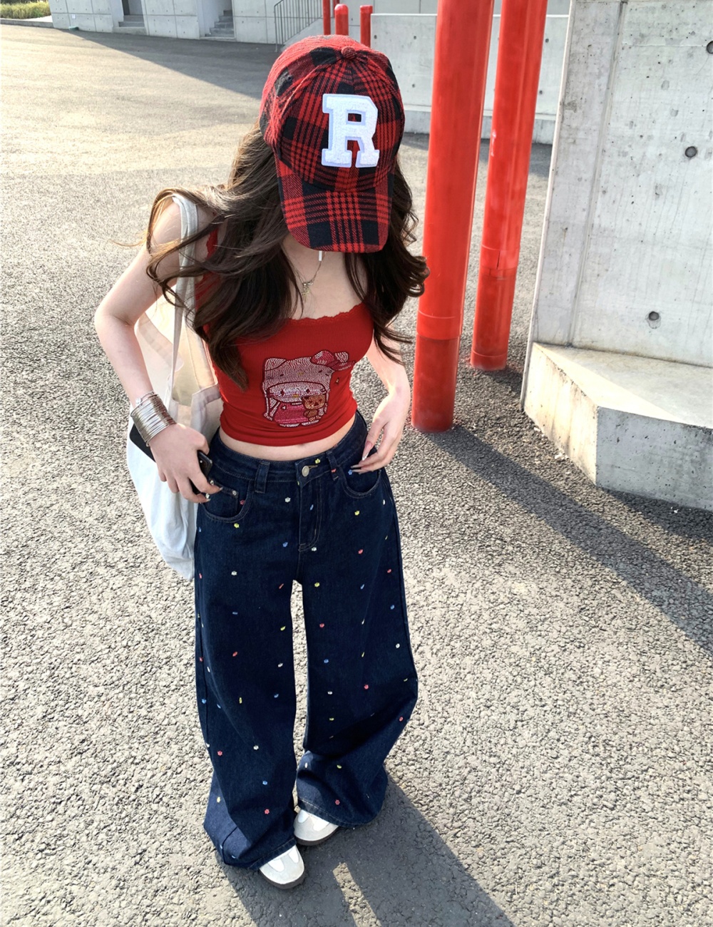 Flowers colors wide leg pants loose jeans for women