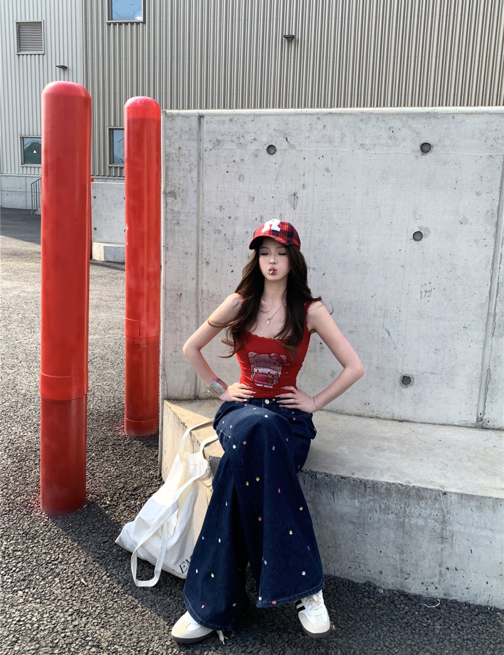 Flowers colors wide leg pants loose jeans for women