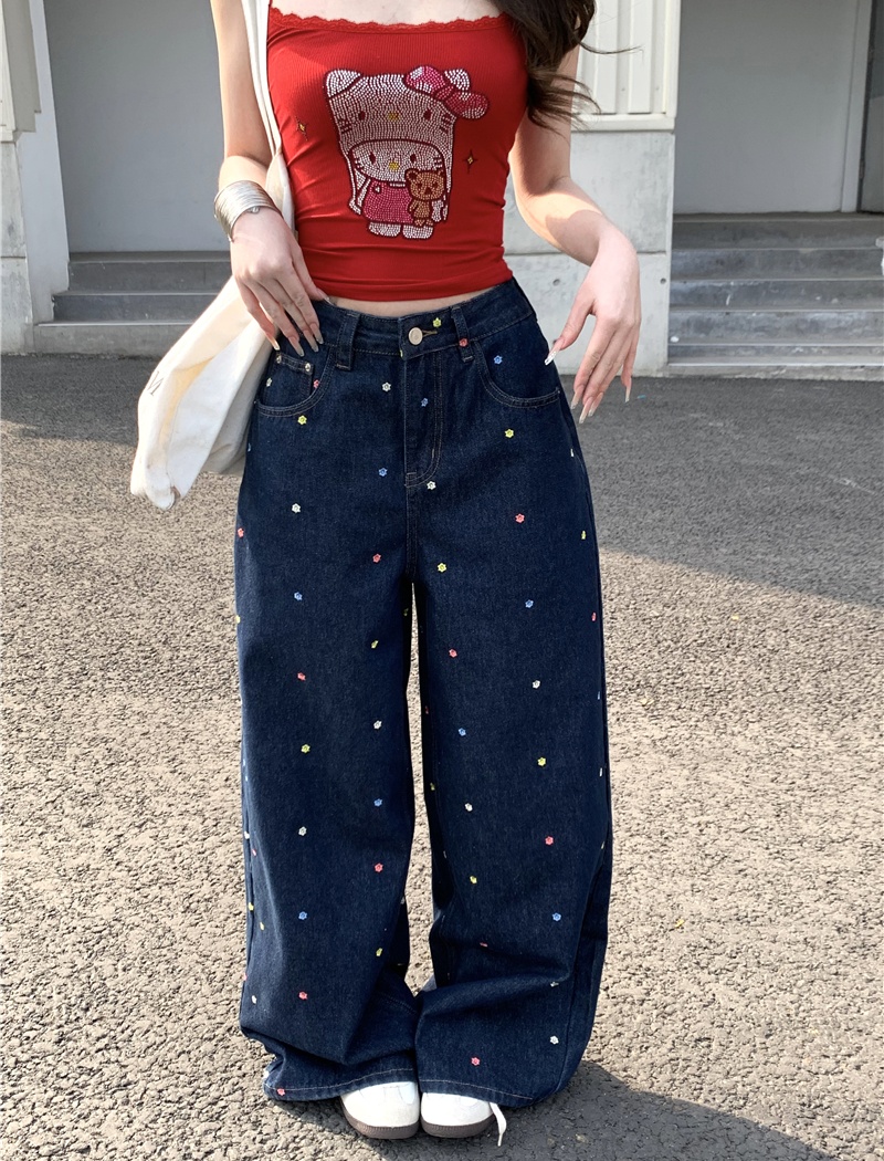 Flowers colors wide leg pants loose jeans for women