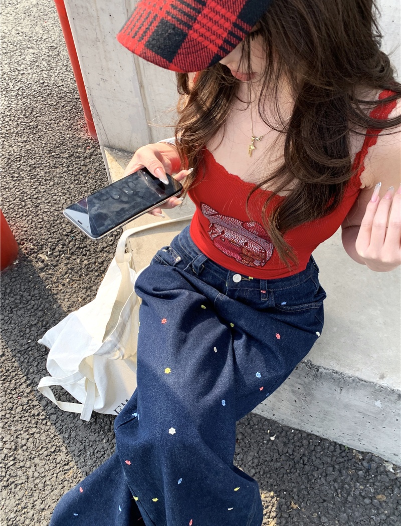 Flowers colors wide leg pants loose jeans for women