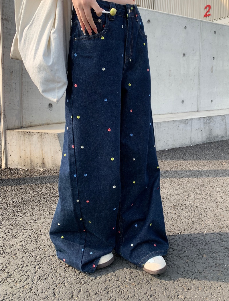 Flowers colors wide leg pants loose jeans for women
