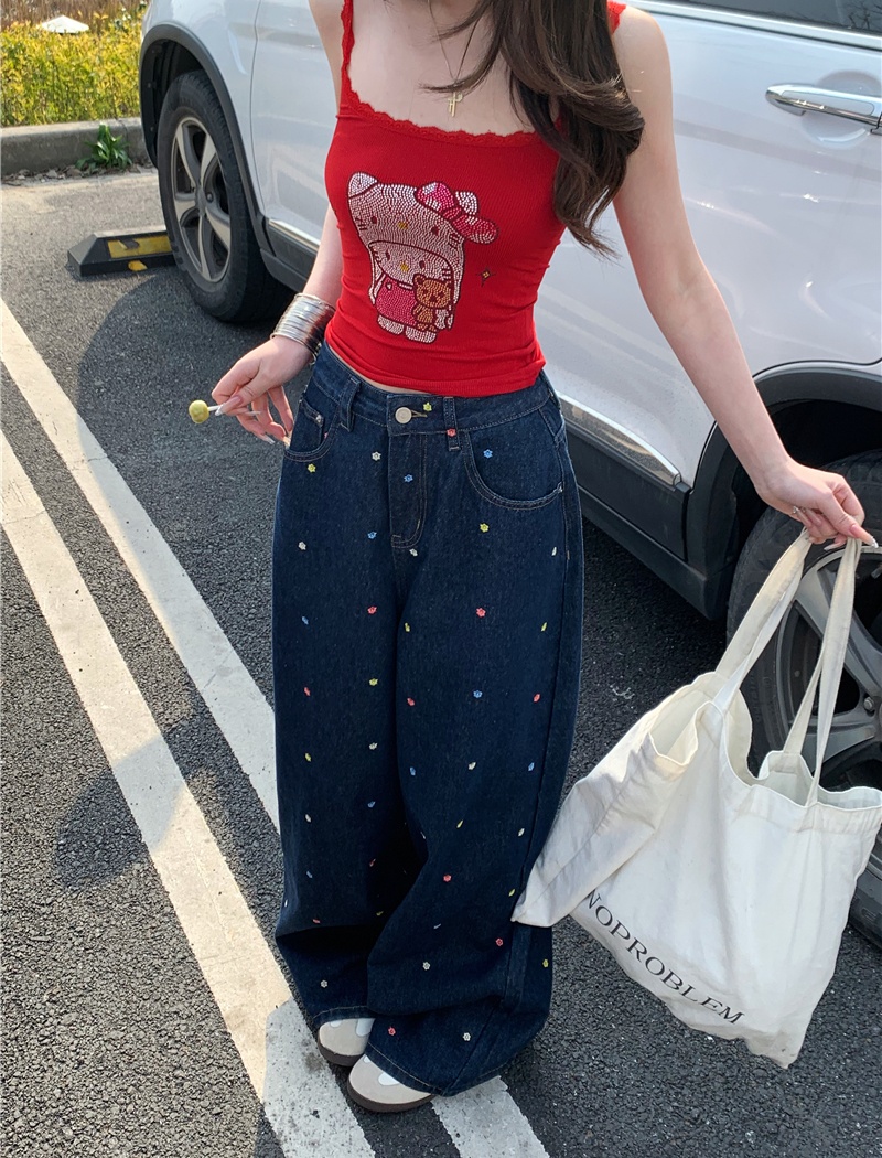 Flowers colors wide leg pants loose jeans for women