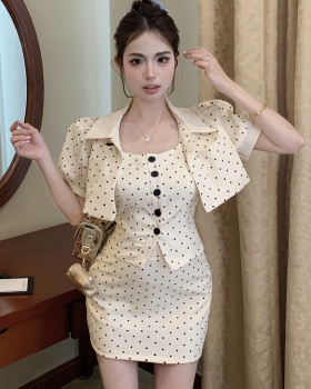 Polka dot short skirt pinched waist jacket 3pcs set