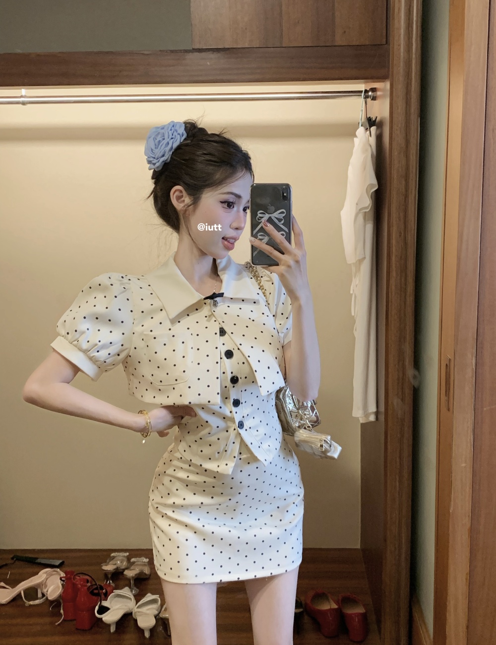 Polka dot short skirt pinched waist jacket 3pcs set