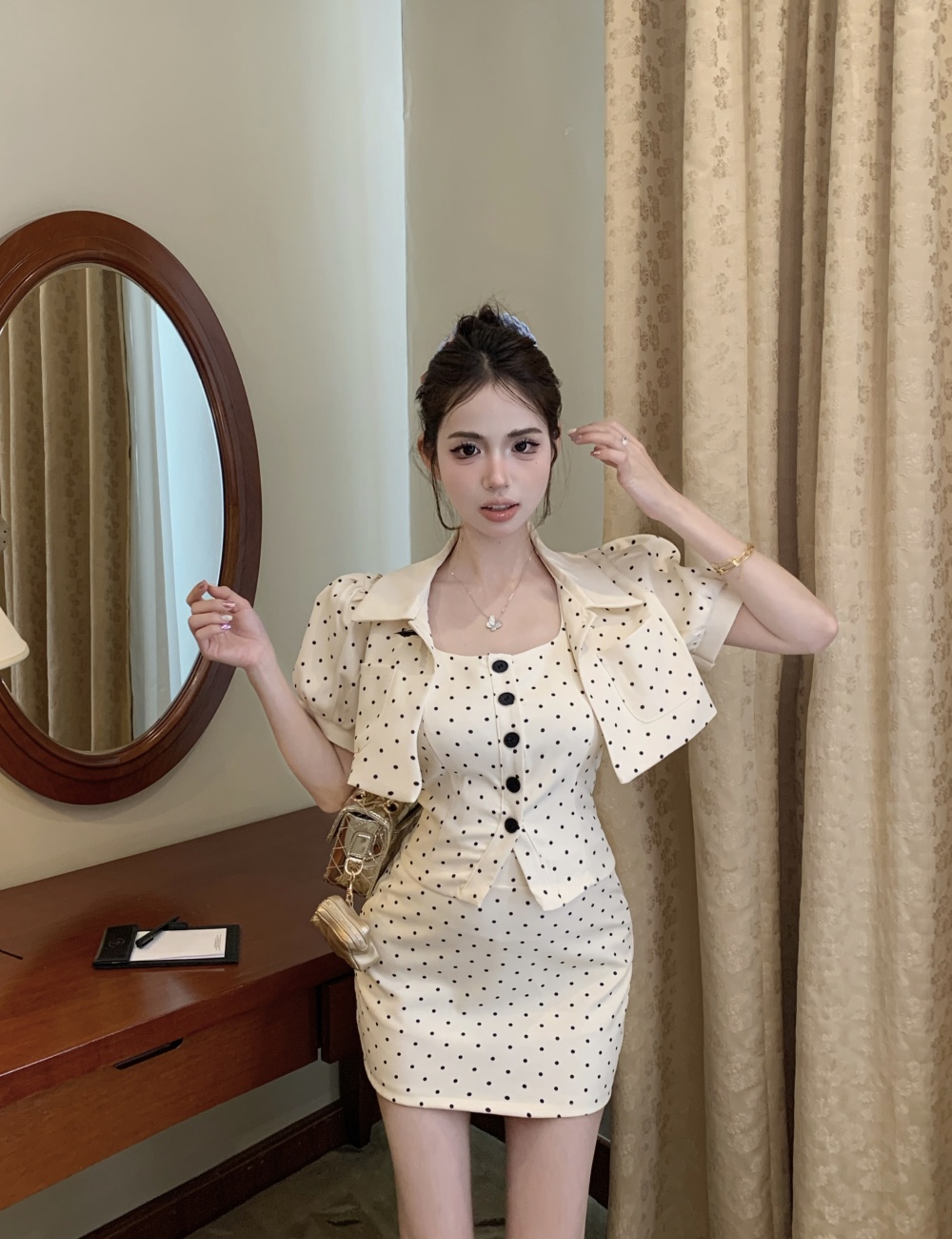 Polka dot short skirt pinched waist jacket 3pcs set