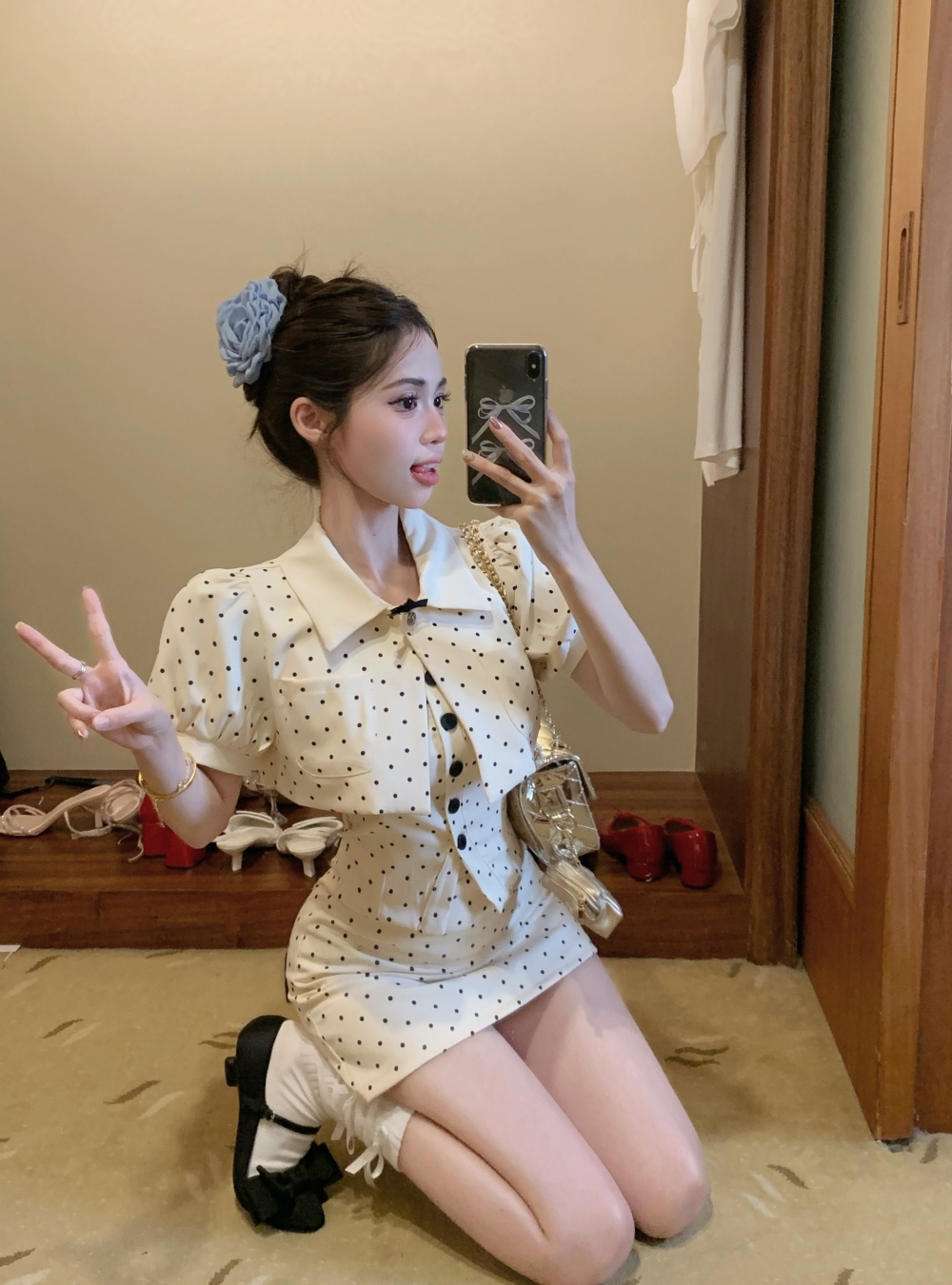 Polka dot short skirt pinched waist jacket 3pcs set