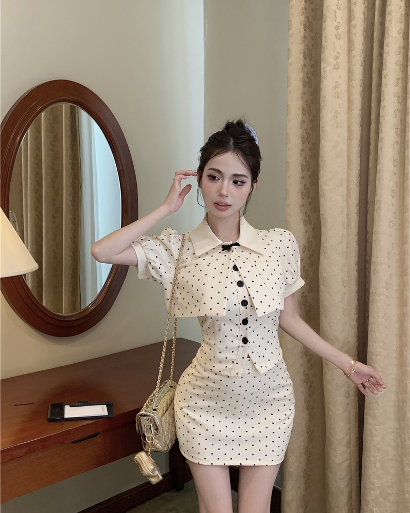 Polka dot short skirt pinched waist jacket 3pcs set