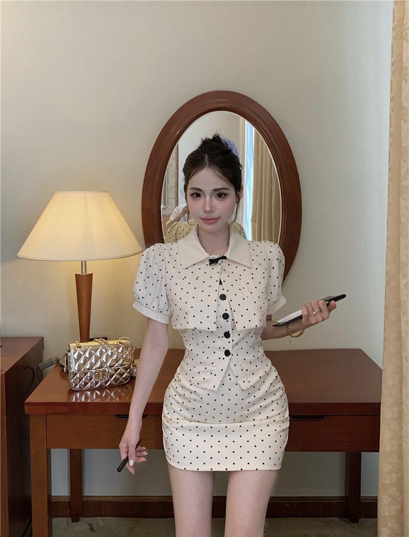 Polka dot short skirt pinched waist jacket 3pcs set