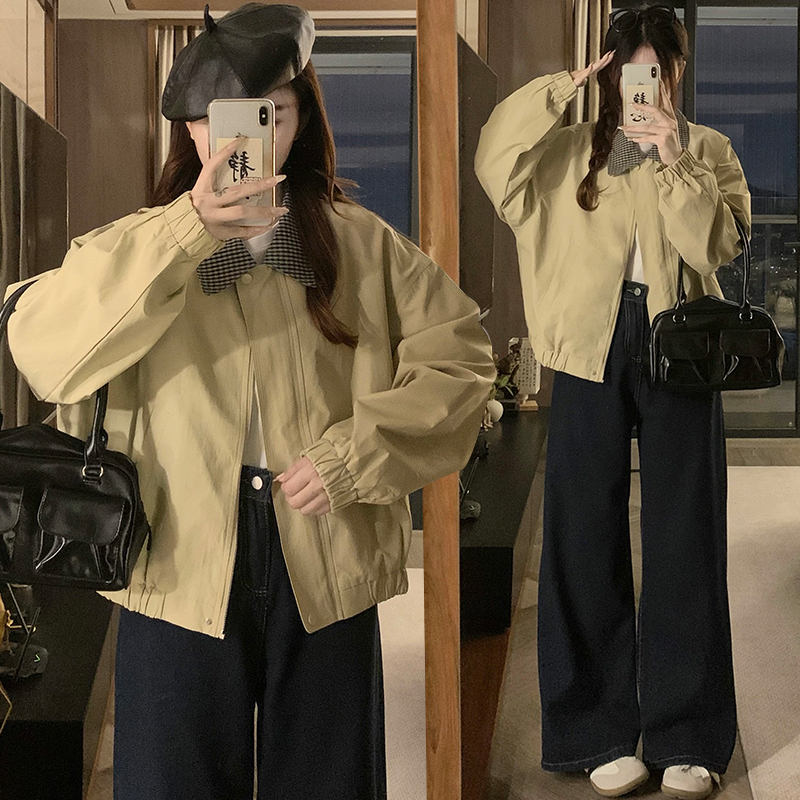 Plaid retro Casual jacket khaki lapel tops