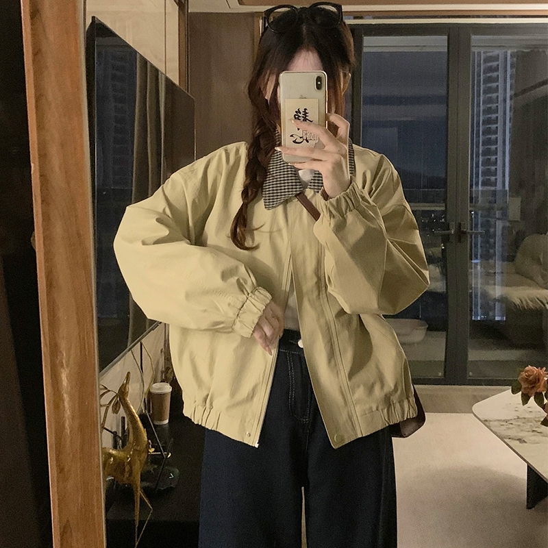 Plaid retro Casual jacket khaki lapel tops