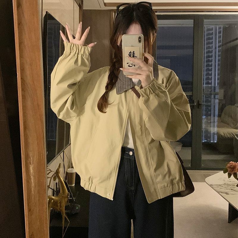 Plaid retro Casual jacket khaki lapel tops