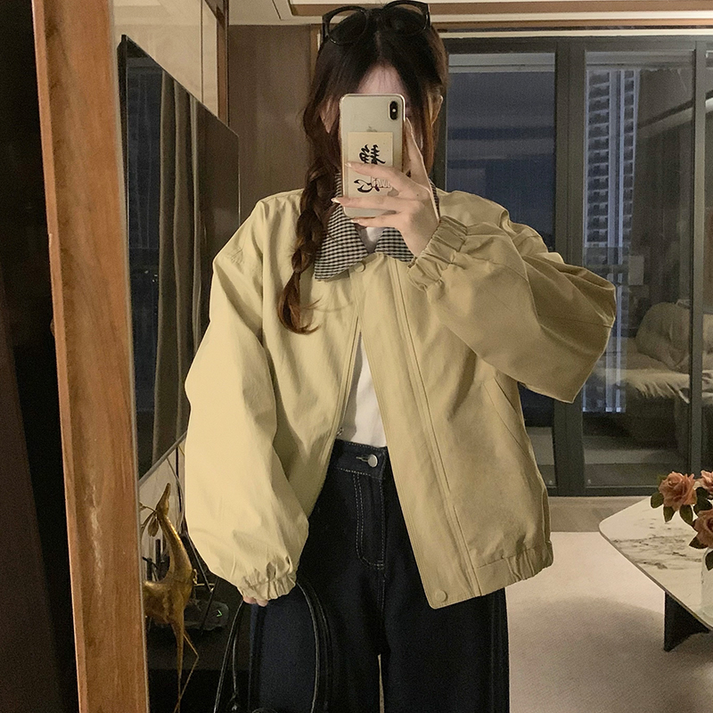 Plaid retro Casual jacket khaki lapel tops