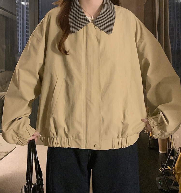 Plaid retro Casual jacket khaki lapel tops