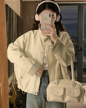 Retro beige plaid short jacket splice loose Casual tops