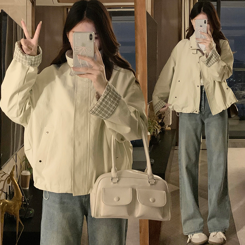 Retro beige plaid short jacket splice loose Casual tops