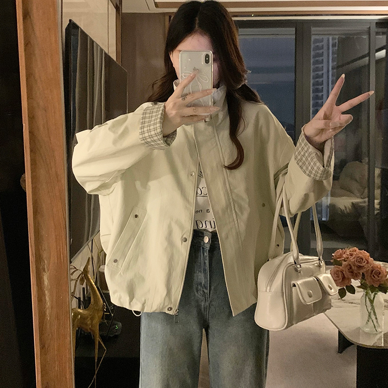 Retro beige plaid short jacket splice loose Casual tops