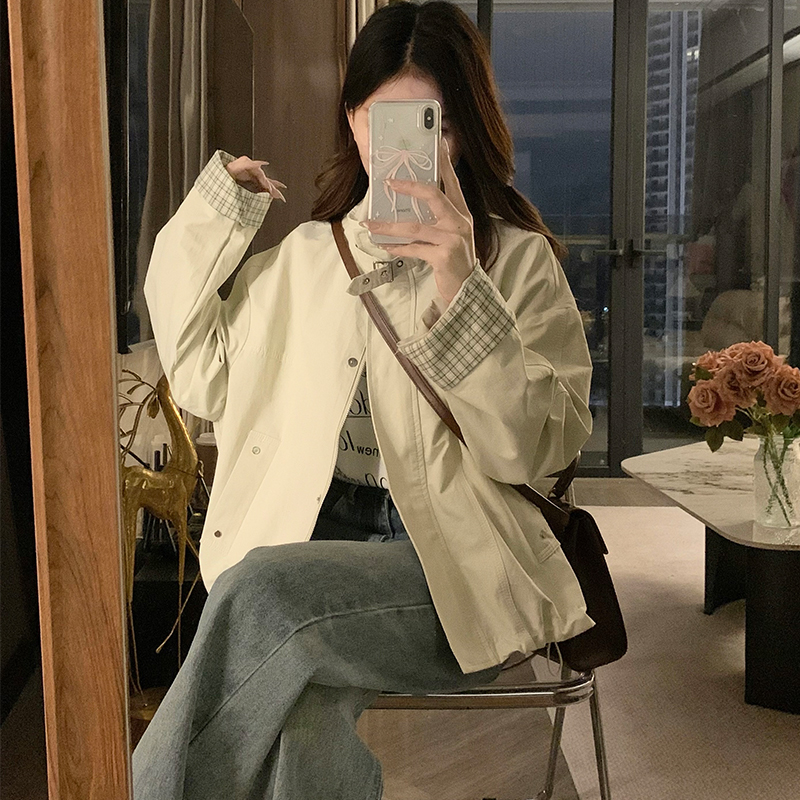 Retro beige plaid short jacket splice loose Casual tops